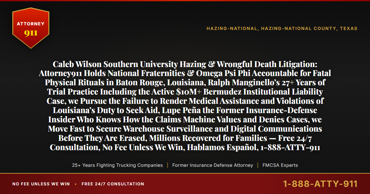 Caleb Wilson Southern University Hazing & Wrongful Death Litigation: Attorney911 Holds National Fraternities & Omega Psi Phi Accountable for Fatal Physical Rituals in Baton Rouge, Louisiana, Ralph Manginello’s 27+ Years of Trial Practice Including the Active $10M+ Bermudez Institutional Liability Case, we Pursue the Failure to Render Medical Assistance and Violations of Louisiana’s Duty to Seek Aid, Lupe Peña the Former Insurance-Defense Insider Who Knows How the Claims Machine Values and Denies Cases, we Move Fast to Secure Warehouse Surveillance and Digital Communications Before They Are Erased, Millions Recovered for Families — Free 24/7 Consultation, No Fee Unless We Win, Hablamos Español, 1-888-ATTY-911 - Attorney911