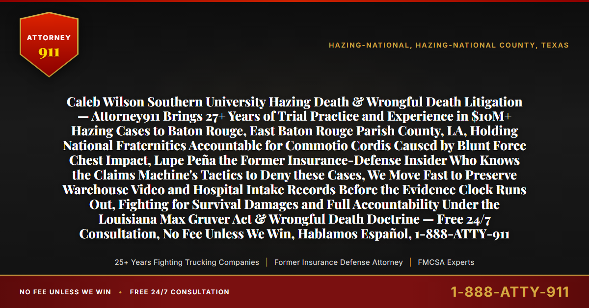 Caleb Wilson Southern University Hazing Death & Wrongful Death Litigation — Attorney911 Brings 27+ Years of Trial Practice and Experience in $10M+ Hazing Cases to Baton Rouge, East Baton Rouge Parish County, LA, Holding National Fraternities Accountable for Commotio Cordis Caused by Blunt Force Chest Impact, Lupe Peña the Former Insurance-Defense Insider Who Knows the Claims Machine's Tactics to Deny these Cases, We Move Fast to Preserve Warehouse Video and Hospital Intake Records Before the Evidence Clock Runs Out, Fighting for Survival Damages and Full Accountability Under the Louisiana Max Gruver Act & Wrongful Death Doctrine — Free 24/7 Consultation, No Fee Unless We Win, Hablamos Español, 1-888-ATTY-911 - Attorney911