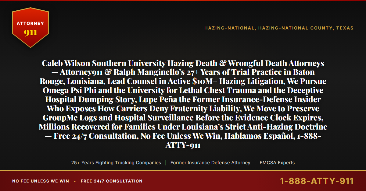 Caleb Wilson Southern University Hazing Death & Wrongful Death Attorneys — Attorney911 & Ralph Manginello’s 27+ Years of Trial Practice in Baton Rouge, Louisiana, Lead Counsel in Active $10M+ Hazing Litigation, We Pursue Omega Psi Phi and the University for Lethal Chest Trauma and the Deceptive Hospital Dumping Story, Lupe Peña the Former Insurance-Defense Insider Who Exposes How Carriers Deny Fraternity Liability, We Move to Preserve GroupMe Logs and Hospital Surveillance Before the Evidence Clock Expires, Millions Recovered for Families Under Louisiana’s Strict Anti-Hazing Doctrine — Free 24/7 Consultation, No Fee Unless We Win, Hablamos Español, 1-888-ATTY-911 - Attorney911