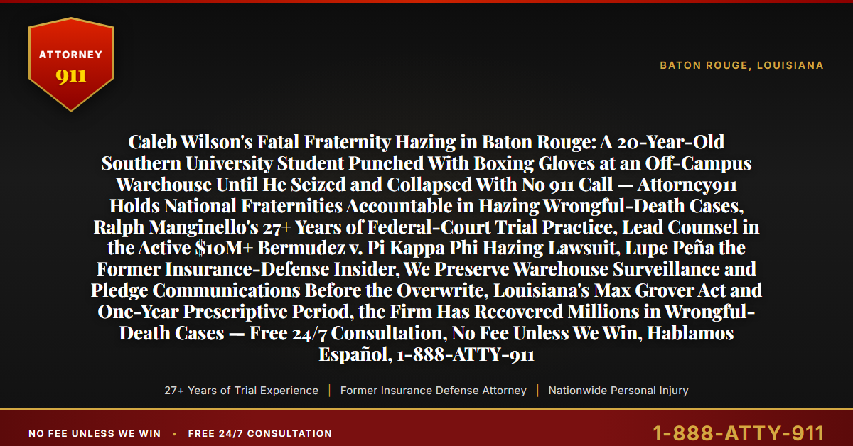 Caleb Wilson's Fatal Fraternity Hazing in Baton Rouge: A 20-Year-Old Southern University Student Punched With Boxing Gloves at an Off-Campus Warehouse Until He Seized and Collapsed With No 911 Call — Attorney911 Holds National Fraternities Accountable in Hazing Wrongful-Death Cases, Ralph Manginello's 27+ Years of Federal-Court Trial Practice, Lead Counsel in the Active $10M+ Bermudez v. Pi Kappa Phi Hazing Lawsuit, Lupe Peña the Former Insurance-Defense Insider, We Preserve Warehouse Surveillance and Pledge Communications Before the Overwrite, Louisiana's Max Grover Act and One-Year Prescriptive Period, the Firm Has Recovered Millions in Wrongful-Death Cases — Free 24/7 Consultation, No Fee Unless We Win, Hablamos Español, 1-888-ATTY-911 - Attorney911