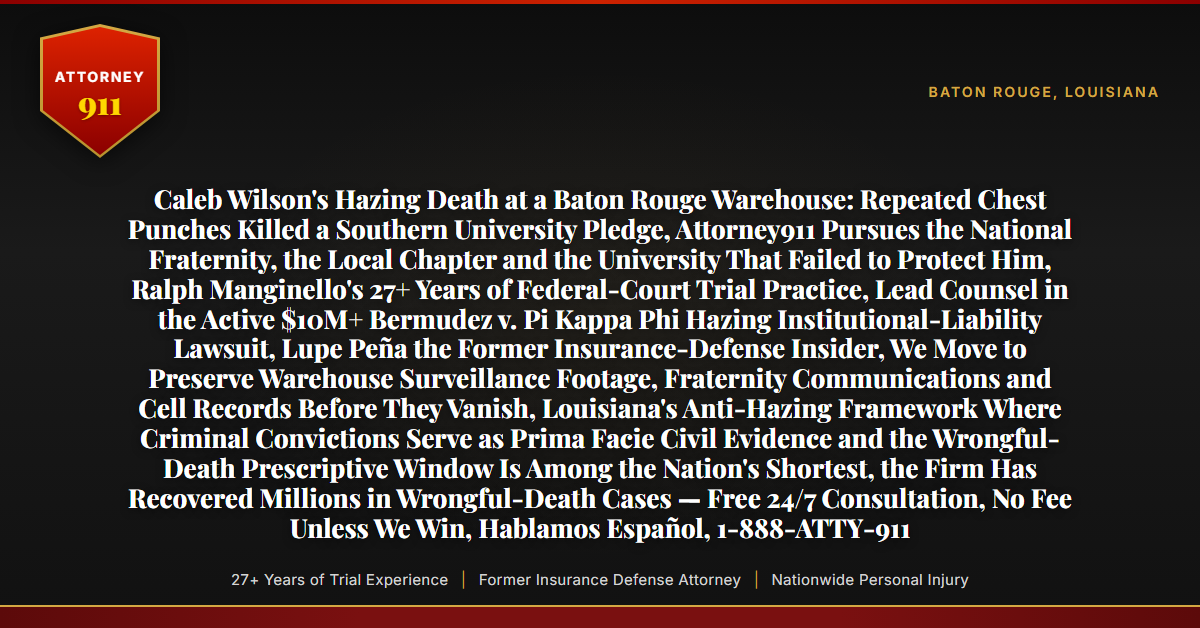 Caleb Wilson's Hazing Death at a Baton Rouge Warehouse: Repeated Chest Punches Killed a Southern University Pledge, Attorney911 Pursues the National Fraternity, the Local Chapter and the University That Failed to Protect Him, Ralph Manginello's 27+ Years of Federal-Court Trial Practice, Lead Counsel in the Active $10M+ Bermudez v. Pi Kappa Phi Hazing Institutional-Liability Lawsuit, Lupe Peña the Former Insurance-Defense Insider, We Move to Preserve Warehouse Surveillance Footage, Fraternity Communications and Cell Records Before They Vanish, Louisiana's Anti-Hazing Framework Where Criminal Convictions Serve as Prima Facie Civil Evidence and the Wrongful-Death Prescriptive Window Is Among the Nation's Shortest, the Firm Has Recovered Millions in Wrongful-Death Cases — Free 24/7 Consultation, No Fee Unless We Win, Hablamos Español, 1-888-ATTY-911 - Attorney911