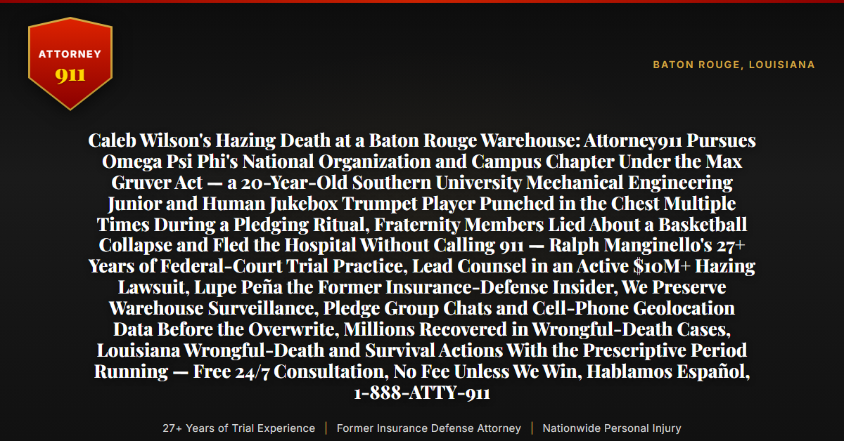 Caleb Wilson's Hazing Death at a Baton Rouge Warehouse: Attorney911 Pursues Omega Psi Phi's National Organization and Campus Chapter Under the Max Gruver Act — a 20-Year-Old Southern University Mechanical Engineering Junior and Human Jukebox Trumpet Player Punched in the Chest Multiple Times During a Pledging Ritual, Fraternity Members Lied About a Basketball Collapse and Fled the Hospital Without Calling 911 — Ralph Manginello's 27+ Years of Federal-Court Trial Practice, Lead Counsel in an Active $10M+ Hazing Lawsuit, Lupe Peña the Former Insurance-Defense Insider, We Preserve Warehouse Surveillance, Pledge Group Chats and Cell-Phone Geolocation Data Before the Overwrite, Millions Recovered in Wrongful-Death Cases, Louisiana Wrongful-Death and Survival Actions With the Prescriptive Period Running — Free 24/7 Consultation, No Fee Unless We Win, Hablamos Español, 1-888-ATTY-911 - Attorney911
