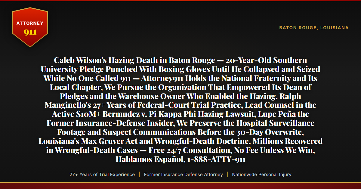 Caleb Wilson's Hazing Death in Baton Rouge — 20-Year-Old Southern University Pledge Punched With Boxing Gloves Until He Collapsed and Seized While No One Called 911 — Attorney911 Holds the National Fraternity and Its Local Chapter, We Pursue the Organization That Empowered Its Dean of Pledges and the Warehouse Owner Who Enabled the Hazing, Ralph Manginello's 27+ Years of Federal-Court Trial Practice, Lead Counsel in the Active $10M+ Bermudez v. Pi Kappa Phi Hazing Lawsuit, Lupe Peña the Former Insurance-Defense Insider, We Preserve the Hospital Surveillance Footage and Suspect Communications Before the 30-Day Overwrite, Louisiana's Max Gruver Act and Wrongful-Death Doctrine, Millions Recovered in Wrongful-Death Cases — Free 24/7 Consultation, No Fee Unless We Win, Hablamos Español, 1-888-ATTY-911 - Attorney911