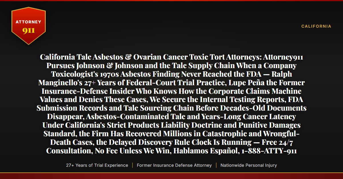 California Talc Asbestos & Ovarian Cancer Toxic Tort Attorneys: Attorney911 Pursues Johnson & Johnson and the Talc Supply Chain When a Company Toxicologist's 1970s Asbestos Finding Never Reached the FDA — Ralph Manginello's 27+ Years of Federal-Court Trial Practice, Lupe Peña the Former Insurance-Defense Insider Who Knows How the Corporate Claims Machine Values and Denies These Cases, We Secure the Internal Testing Reports, FDA Submission Records and Talc Sourcing Chain Before Decades-Old Documents Disappear, Asbestos-Contaminated Talc and Years-Long Cancer Latency Under California's Strict Products Liability Doctrine and Punitive Damages Standard, the Firm Has Recovered Millions in Catastrophic and Wrongful-Death Cases, the Delayed Discovery Rule Clock Is Running — Free 24/7 Consultation, No Fee Unless We Win, Hablamos Español, 1-888-ATTY-911 - Attorney911
