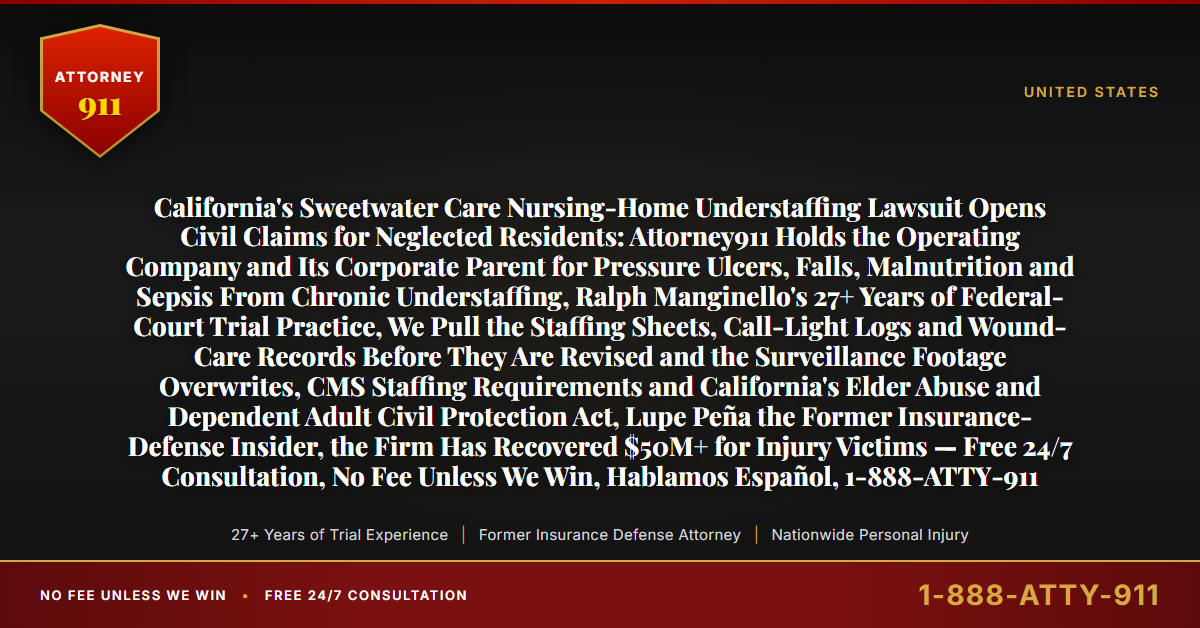 California's Sweetwater Care Nursing-Home Understaffing Lawsuit Opens Civil Claims for Neglected Residents: Attorney911 Holds the Operating Company and Its Corporate Parent for Pressure Ulcers, Falls, Malnutrition and Sepsis From Chronic Understaffing, Ralph Manginello's 27+ Years of Federal-Court Trial Practice, We Pull the Staffing Sheets, Call-Light Logs and Wound-Care Records Before They Are Revised and the Surveillance Footage Overwrites, CMS Staffing Requirements and California's Elder Abuse and Dependent Adult Civil Protection Act, Lupe Peña the Former Insurance-Defense Insider, the Firm Has Recovered $50M+ for Injury Victims — Free 24/7 Consultation, No Fee Unless We Win, Hablamos Español, 1-888-ATTY-911 - Attorney911