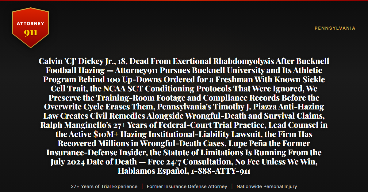 Calvin 'CJ' Dickey Jr., 18, Dead From Exertional Rhabdomyolysis After Bucknell Football Hazing — Attorney911 Pursues Bucknell University and Its Athletic Program Behind 100 Up-Downs Ordered for a Freshman With Known Sickle Cell Trait, the NCAA SCT Conditioning Protocols That Were Ignored, We Preserve the Training-Room Footage and Compliance Records Before the Overwrite Cycle Erases Them, Pennsylvania's Timothy J. Piazza Anti-Hazing Law Creates Civil Remedies Alongside Wrongful-Death and Survival Claims, Ralph Manginello's 27+ Years of Federal-Court Trial Practice, Lead Counsel in the Active $10M+ Hazing Institutional-Liability Lawsuit, the Firm Has Recovered Millions in Wrongful-Death Cases, Lupe Peña the Former Insurance-Defense Insider, the Statute of Limitations Is Running From the July 2024 Date of Death — Free 24/7 Consultation, No Fee Unless We Win, Hablamos Español, 1-888-ATTY-911 - Attorney911