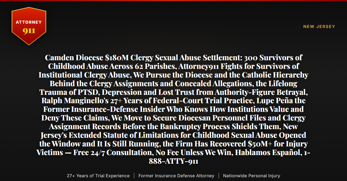 Camden Diocese $180M Clergy Sexual Abuse Settlement: 300 Survivors of Childhood Abuse Across 62 Parishes, Attorney911 Fights for Survivors of Institutional Clergy Abuse, We Pursue the Diocese and the Catholic Hierarchy Behind the Clergy Assignments and Concealed Allegations, the Lifelong Trauma of PTSD, Depression and Lost Trust from Authority-Figure Betrayal, Ralph Manginello's 27+ Years of Federal-Court Trial Practice, Lupe Peña the Former Insurance-Defense Insider Who Knows How Institutions Value and Deny These Claims, We Move to Secure Diocesan Personnel Files and Clergy Assignment Records Before the Bankruptcy Process Shields Them, New Jersey's Extended Statute of Limitations for Childhood Sexual Abuse Opened the Window and It Is Still Running, the Firm Has Recovered $50M+ for Injury Victims — Free 24/7 Consultation, No Fee Unless We Win, Hablamos Español, 1-888-ATTY-911 - Attorney911