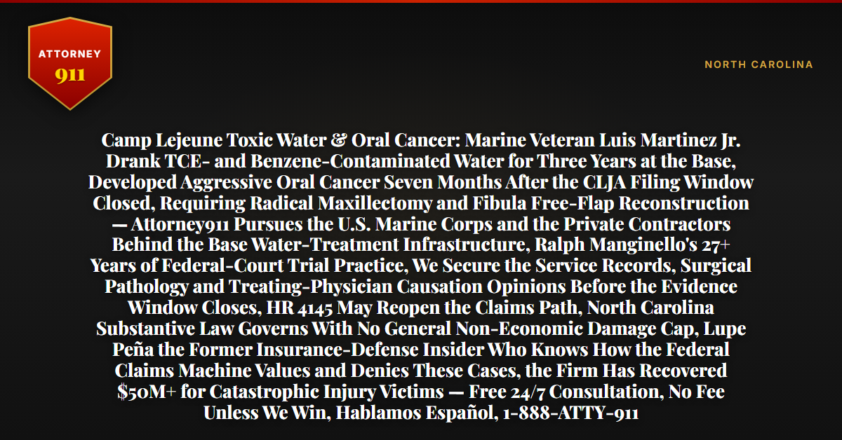 Camp Lejeune Toxic Water & Oral Cancer: Marine Veteran Luis Martinez Jr. Drank TCE- and Benzene-Contaminated Water for Three Years at the Base, Developed Aggressive Oral Cancer Seven Months After the CLJA Filing Window Closed, Requiring Radical Maxillectomy and Fibula Free-Flap Reconstruction — Attorney911 Pursues the U.S. Marine Corps and the Private Contractors Behind the Base Water-Treatment Infrastructure, Ralph Manginello's 27+ Years of Federal-Court Trial Practice, We Secure the Service Records, Surgical Pathology and Treating-Physician Causation Opinions Before the Evidence Window Closes, HR 4145 May Reopen the Claims Path, North Carolina Substantive Law Governs With No General Non-Economic Damage Cap, Lupe Peña the Former Insurance-Defense Insider Who Knows How the Federal Claims Machine Values and Denies These Cases, the Firm Has Recovered $50M+ for Catastrophic Injury Victims — Free 24/7 Consultation, No Fee Unless We Win, Hablamos Español, 1-888-ATTY-911 - Attorney911