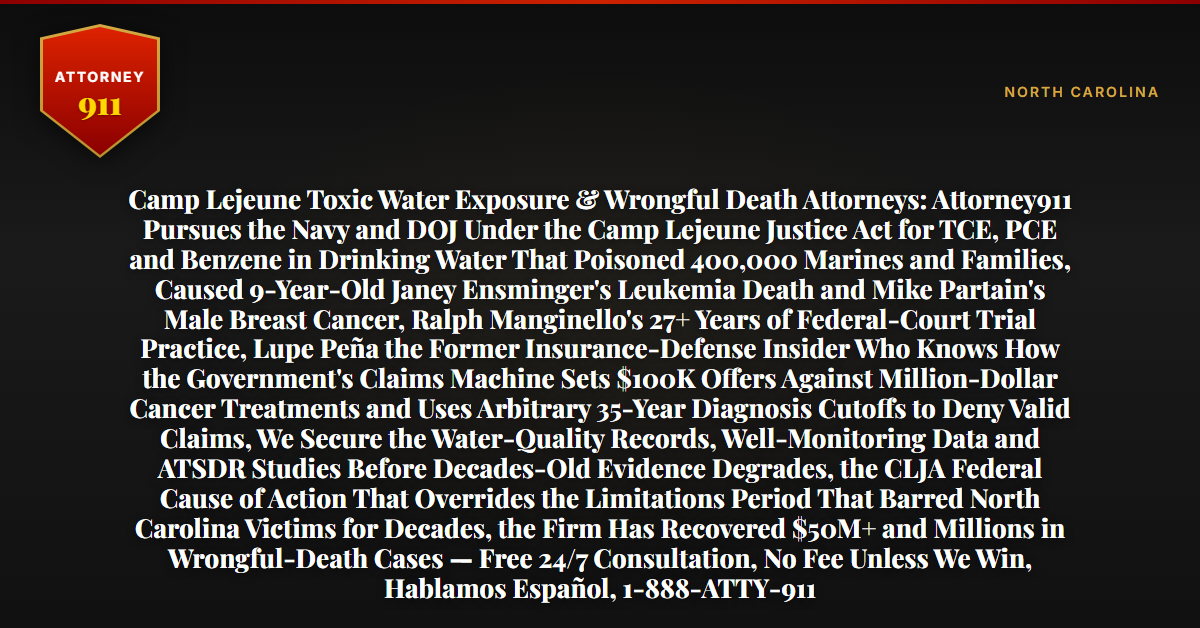Camp Lejeune Toxic Water Exposure & Wrongful Death Attorneys: Attorney911 Pursues the Navy and DOJ Under the Camp Lejeune Justice Act for TCE, PCE and Benzene in Drinking Water That Poisoned 400,000 Marines and Families, Caused 9-Year-Old Janey Ensminger's Leukemia Death and Mike Partain's Male Breast Cancer, Ralph Manginello's 27+ Years of Federal-Court Trial Practice, Lupe Peña the Former Insurance-Defense Insider Who Knows How the Government's Claims Machine Sets $100K Offers Against Million-Dollar Cancer Treatments and Uses Arbitrary 35-Year Diagnosis Cutoffs to Deny Valid Claims, We Secure the Water-Quality Records, Well-Monitoring Data and ATSDR Studies Before Decades-Old Evidence Degrades, the CLJA Federal Cause of Action That Overrides the Limitations Period That Barred North Carolina Victims for Decades, the Firm Has Recovered $50M+ and Millions in Wrongful-Death Cases — Free 24/7 Consultation, No Fee Unless We Win, Hablamos Español, 1-888-ATTY-911 - Attorney911