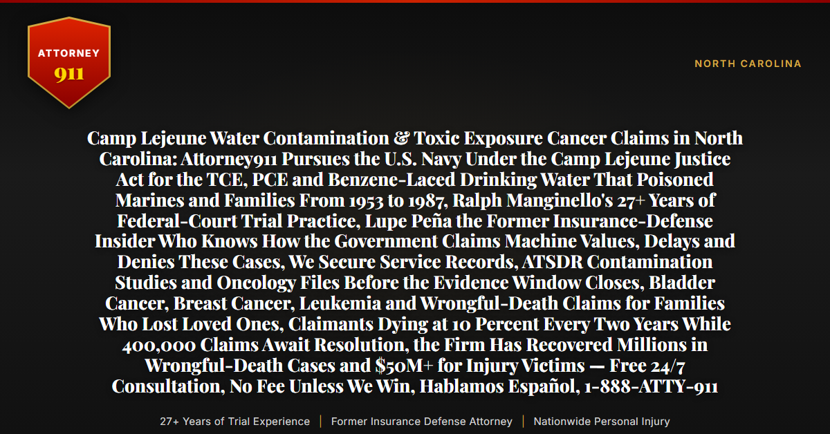 Camp Lejeune Water Contamination & Toxic Exposure Cancer Claims in North Carolina: Attorney911 Pursues the U.S. Navy Under the Camp Lejeune Justice Act for the TCE, PCE and Benzene-Laced Drinking Water That Poisoned Marines and Families From 1953 to 1987, Ralph Manginello's 27+ Years of Federal-Court Trial Practice, Lupe Peña the Former Insurance-Defense Insider Who Knows How the Government Claims Machine Values, Delays and Denies These Cases, We Secure Service Records, ATSDR Contamination Studies and Oncology Files Before the Evidence Window Closes, Bladder Cancer, Breast Cancer, Leukemia and Wrongful-Death Claims for Families Who Lost Loved Ones, Claimants Dying at 10 Percent Every Two Years While 400,000 Claims Await Resolution, the Firm Has Recovered Millions in Wrongful-Death Cases and $50M+ for Injury Victims — Free 24/7 Consultation, No Fee Unless We Win, Hablamos Español, 1-888-ATTY-911 - Attorney911
