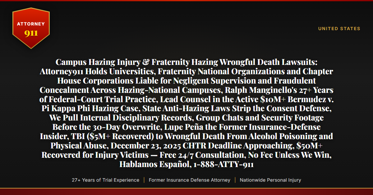Campus Hazing Injury & Fraternity Hazing Wrongful Death Lawsuits: Attorney911 Holds Universities, Fraternity National Organizations and Chapter House Corporations Liable for Negligent Supervision and Fraudulent Concealment Across Hazing-National Campuses, Ralph Manginello's 27+ Years of Federal-Court Trial Practice, Lead Counsel in the Active $10M+ Bermudez v. Pi Kappa Phi Hazing Case, State Anti-Hazing Laws Strip the Consent Defense, We Pull Internal Disciplinary Records, Group Chats and Security Footage Before the 30-Day Overwrite, Lupe Peña the Former Insurance-Defense Insider, TBI ($5M+ Recovered) to Wrongful Death From Alcohol Poisoning and Physical Abuse, December 23, 2025 CHTR Deadline Approaching, $50M+ Recovered for Injury Victims — Free 24/7 Consultation, No Fee Unless We Win, Hablamos Español, 1-888-ATTY-911 - Attorney911