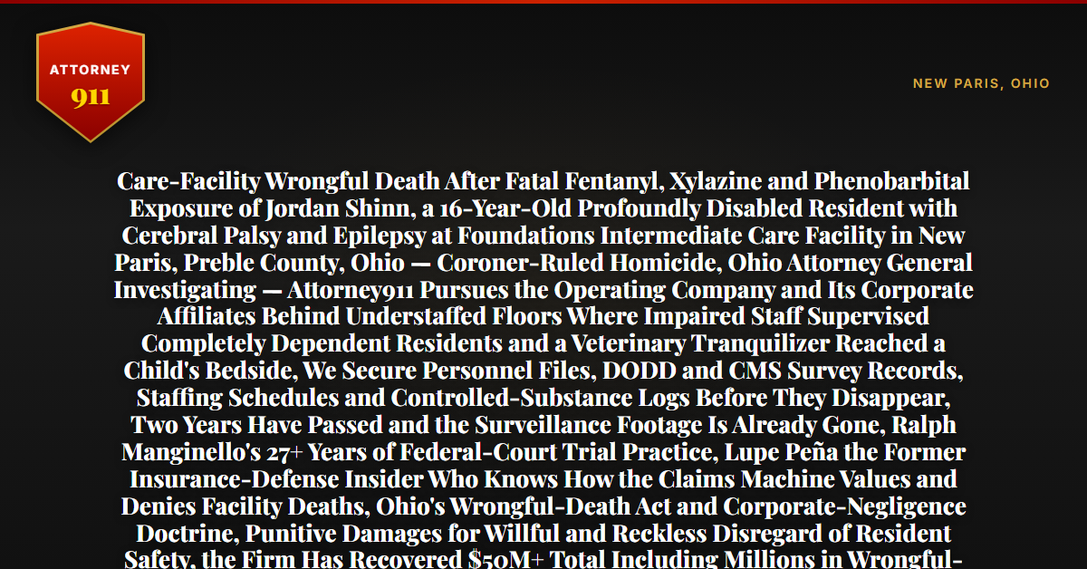Care-Facility Wrongful Death After Fatal Fentanyl, Xylazine and Phenobarbital Exposure of Jordan Shinn, a 16-Year-Old Profoundly Disabled Resident with Cerebral Palsy and Epilepsy at Foundations Intermediate Care Facility in New Paris, Preble County, Ohio — Coroner-Ruled Homicide, Ohio Attorney General Investigating — Attorney911 Pursues the Operating Company and Its Corporate Affiliates Behind Understaffed Floors Where Impaired Staff Supervised Completely Dependent Residents and a Veterinary Tranquilizer Reached a Child's Bedside, We Secure Personnel Files, DODD and CMS Survey Records, Staffing Schedules and Controlled-Substance Logs Before They Disappear, Two Years Have Passed and the Surveillance Footage Is Already Gone, Ralph Manginello's 27+ Years of Federal-Court Trial Practice, Lupe Peña the Former Insurance-Defense Insider Who Knows How the Claims Machine Values and Denies Facility Deaths, Ohio's Wrongful-Death Act and Corporate-Negligence Doctrine, Punitive Damages for Willful and Reckless Disregard of Resident Safety, the Firm Has Recovered $50M+ Total Including Millions in Wrongful-Death Cases — Free 24/7 Consultation, No Fee Unless We Win, Hablamos Español, 1-888-ATTY-911 - Attorney911