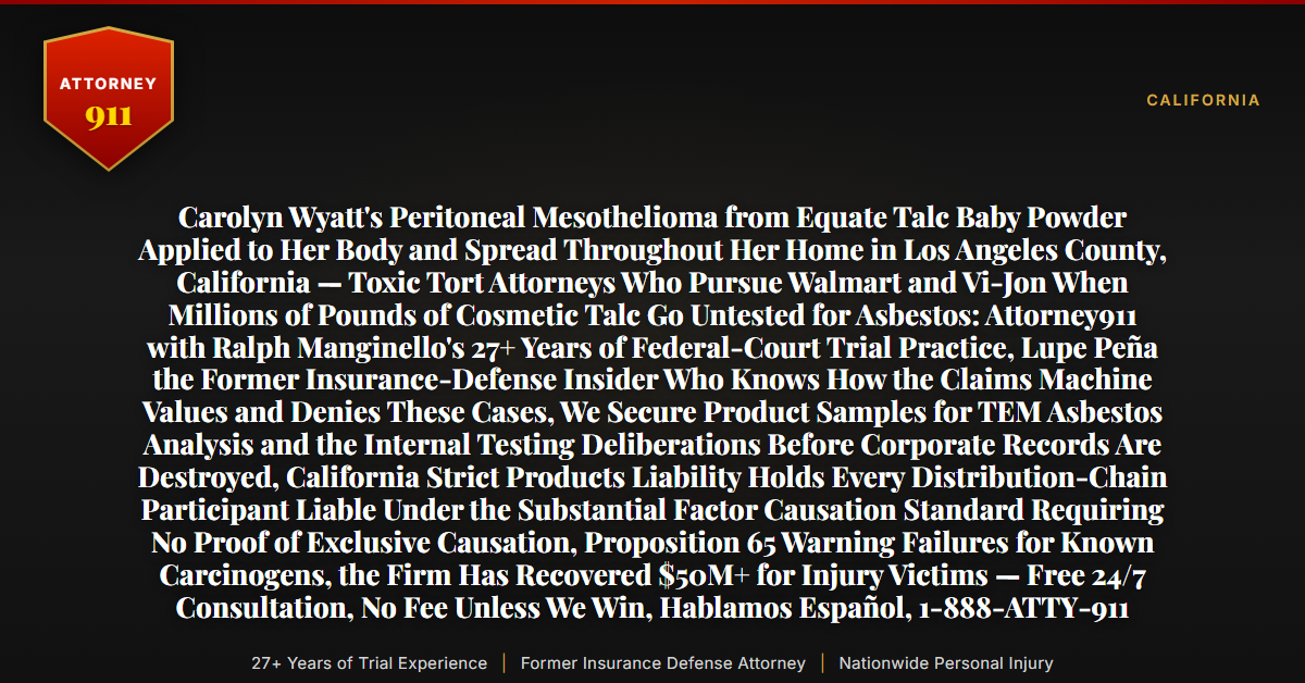 Carolyn Wyatt's Peritoneal Mesothelioma from Equate Talc Baby Powder Applied to Her Body and Spread Throughout Her Home in Los Angeles County, California — Toxic Tort Attorneys Who Pursue Walmart and Vi-Jon When Millions of Pounds of Cosmetic Talc Go Untested for Asbestos: Attorney911 with Ralph Manginello's 27+ Years of Federal-Court Trial Practice, Lupe Peña the Former Insurance-Defense Insider Who Knows How the Claims Machine Values and Denies These Cases, We Secure Product Samples for TEM Asbestos Analysis and the Internal Testing Deliberations Before Corporate Records Are Destroyed, California Strict Products Liability Holds Every Distribution-Chain Participant Liable Under the Substantial Factor Causation Standard Requiring No Proof of Exclusive Causation, Proposition 65 Warning Failures for Known Carcinogens, the Firm Has Recovered $50M+ for Injury Victims — Free 24/7 Consultation, No Fee Unless We Win, Hablamos Español, 1-888-ATTY-911 - Attorney911