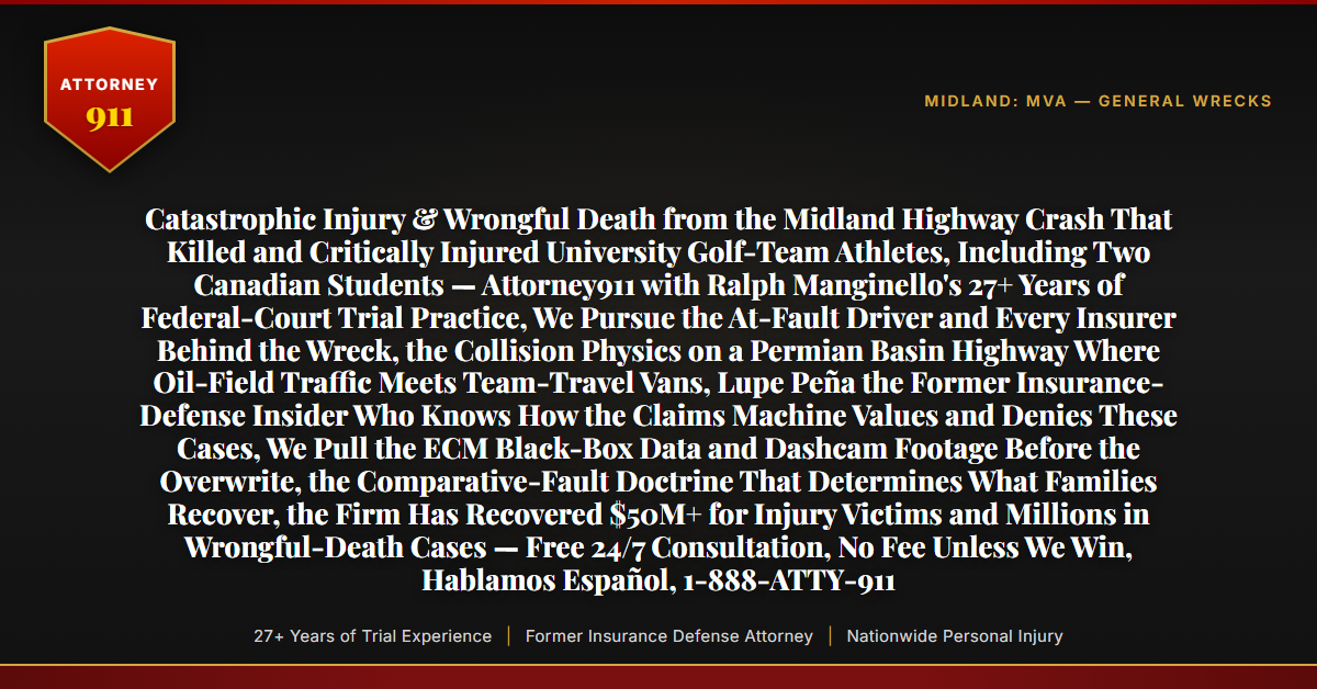Catastrophic Injury & Wrongful Death from the Midland Highway Crash That Killed and Critically Injured University Golf-Team Athletes, Including Two Canadian Students — Attorney911 with Ralph Manginello's 27+ Years of Federal-Court Trial Practice, We Pursue the At-Fault Driver and Every Insurer Behind the Wreck, the Collision Physics on a Permian Basin Highway Where Oil-Field Traffic Meets Team-Travel Vans, Lupe Peña the Former Insurance-Defense Insider Who Knows How the Claims Machine Values and Denies These Cases, We Pull the ECM Black-Box Data and Dashcam Footage Before the Overwrite, the Comparative-Fault Doctrine That Determines What Families Recover, the Firm Has Recovered $50M+ for Injury Victims and Millions in Wrongful-Death Cases — Free 24/7 Consultation, No Fee Unless We Win, Hablamos Español, 1-888-ATTY-911 - Attorney911