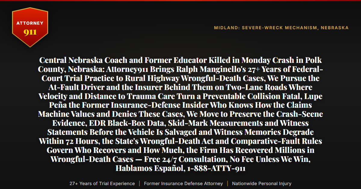 Central Nebraska Coach and Former Educator Killed in Monday Crash in Polk County, Nebraska: Attorney911 Brings Ralph Manginello's 27+ Years of Federal-Court Trial Practice to Rural Highway Wrongful-Death Cases, We Pursue the At-Fault Driver and the Insurer Behind Them on Two-Lane Roads Where Velocity and Distance to Trauma Care Turn a Preventable Collision Fatal, Lupe Peña the Former Insurance-Defense Insider Who Knows How the Claims Machine Values and Denies These Cases, We Move to Preserve the Crash-Scene Evidence, EDR Black-Box Data, Skid-Mark Measurements and Witness Statements Before the Vehicle Is Salvaged and Witness Memories Degrade Within 72 Hours, the State's Wrongful-Death Act and Comparative-Fault Rules Govern Who Recovers and How Much, the Firm Has Recovered Millions in Wrongful-Death Cases — Free 24/7 Consultation, No Fee Unless We Win, Hablamos Español, 1-888-ATTY-911 - Attorney911