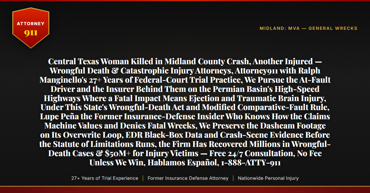Central Texas Woman Killed in Midland County Crash, Another Injured — Wrongful Death & Catastrophic Injury Attorneys, Attorney911 with Ralph Manginello's 27+ Years of Federal-Court Trial Practice, We Pursue the At-Fault Driver and the Insurer Behind Them on the Permian Basin's High-Speed Highways Where a Fatal Impact Means Ejection and Traumatic Brain Injury, Under This State's Wrongful-Death Act and Modified Comparative-Fault Rule, Lupe Peña the Former Insurance-Defense Insider Who Knows How the Claims Machine Values and Denies Fatal Wrecks, We Preserve the Dashcam Footage on Its Overwrite Loop, EDR Black-Box Data and Crash-Scene Evidence Before the Statute of Limitations Runs, the Firm Has Recovered Millions in Wrongful-Death Cases & $50M+ for Injury Victims — Free 24/7 Consultation, No Fee Unless We Win, Hablamos Español, 1-888-ATTY-911 - Attorney911