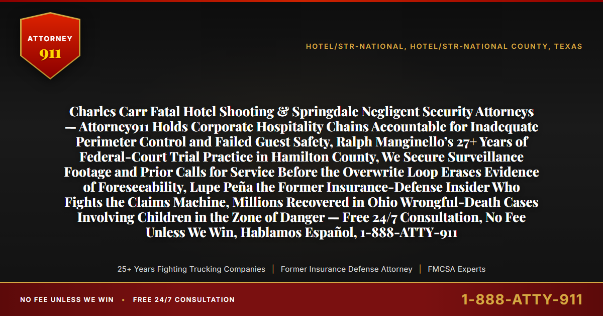 Charles Carr Fatal Hotel Shooting & Springdale Negligent Security Attorneys — Attorney911 Holds Corporate Hospitality Chains Accountable for Inadequate Perimeter Control and Failed Guest Safety, Ralph Manginello’s 27+ Years of Federal-Court Trial Practice in Hamilton County, We Secure Surveillance Footage and Prior Calls for Service Before the Overwrite Loop Erases Evidence of Foreseeability, Lupe Peña the Former Insurance-Defense Insider Who Fights the Claims Machine, Millions Recovered in Ohio Wrongful-Death Cases Involving Children in the Zone of Danger — Free 24/7 Consultation, No Fee Unless We Win, Hablamos Español, 1-888-ATTY-911 - Attorney911