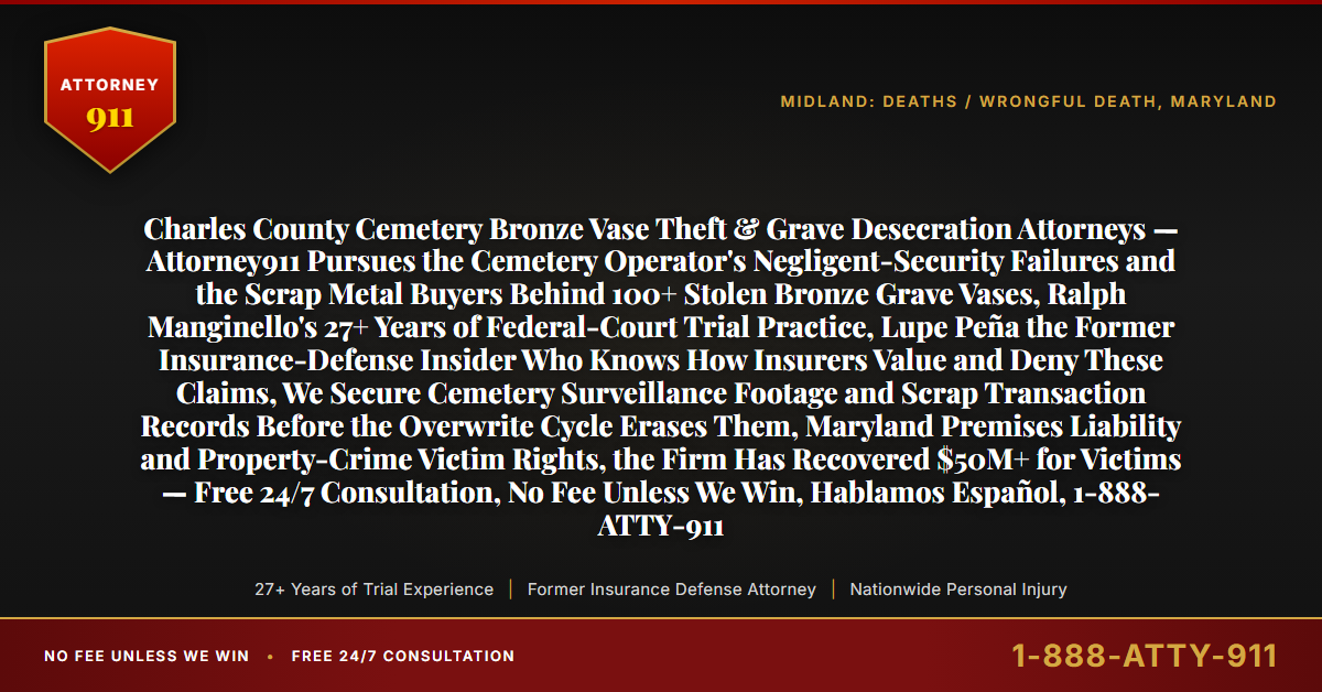 Charles County Cemetery Bronze Vase Theft & Grave Desecration Attorneys — Attorney911 Pursues the Cemetery Operator's Negligent-Security Failures and the Scrap Metal Buyers Behind 100+ Stolen Bronze Grave Vases, Ralph Manginello's 27+ Years of Federal-Court Trial Practice, Lupe Peña the Former Insurance-Defense Insider Who Knows How Insurers Value and Deny These Claims, We Secure Cemetery Surveillance Footage and Scrap Transaction Records Before the Overwrite Cycle Erases Them, Maryland Premises Liability and Property-Crime Victim Rights, the Firm Has Recovered $50M+ for Victims — Free 24/7 Consultation, No Fee Unless We Win, Hablamos Español, 1-888-ATTY-911 - Attorney911