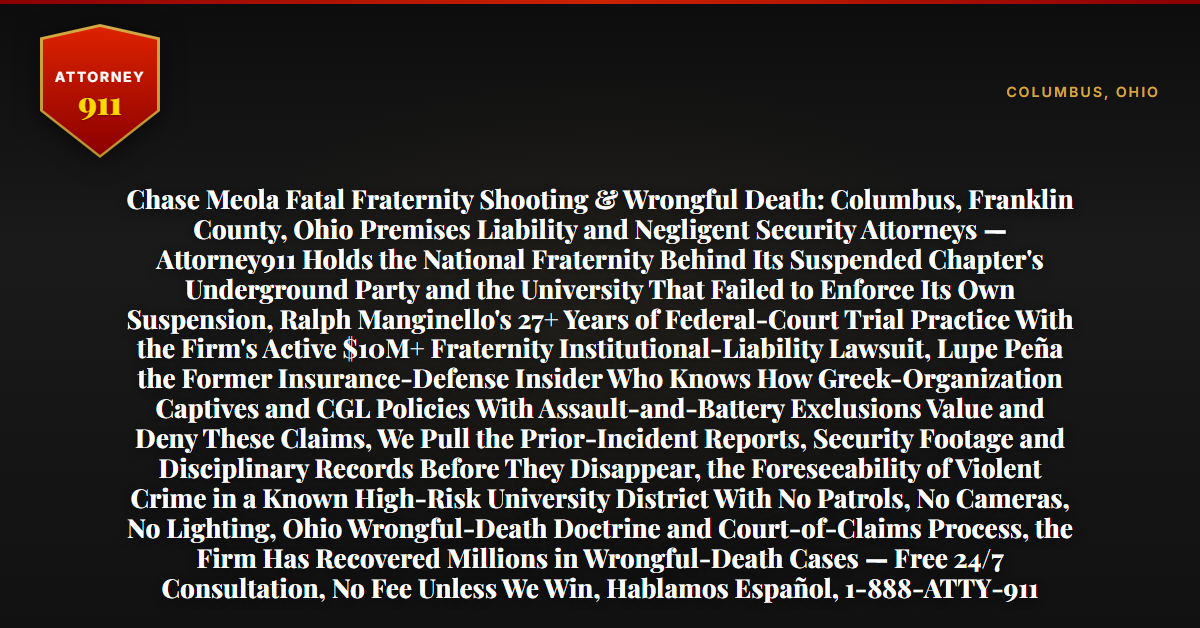 Chase Meola Fatal Fraternity Shooting & Wrongful Death: Columbus, Franklin County, Ohio Premises Liability and Negligent Security Attorneys — Attorney911 Holds the National Fraternity Behind Its Suspended Chapter's Underground Party and the University That Failed to Enforce Its Own Suspension, Ralph Manginello's 27+ Years of Federal-Court Trial Practice With the Firm's Active $10M+ Fraternity Institutional-Liability Lawsuit, Lupe Peña the Former Insurance-Defense Insider Who Knows How Greek-Organization Captives and CGL Policies With Assault-and-Battery Exclusions Value and Deny These Claims, We Pull the Prior-Incident Reports, Security Footage and Disciplinary Records Before They Disappear, the Foreseeability of Violent Crime in a Known High-Risk University District With No Patrols, No Cameras, No Lighting, Ohio Wrongful-Death Doctrine and Court-of-Claims Process, the Firm Has Recovered Millions in Wrongful-Death Cases — Free 24/7 Consultation, No Fee Unless We Win, Hablamos Español, 1-888-ATTY-911 - Attorney911