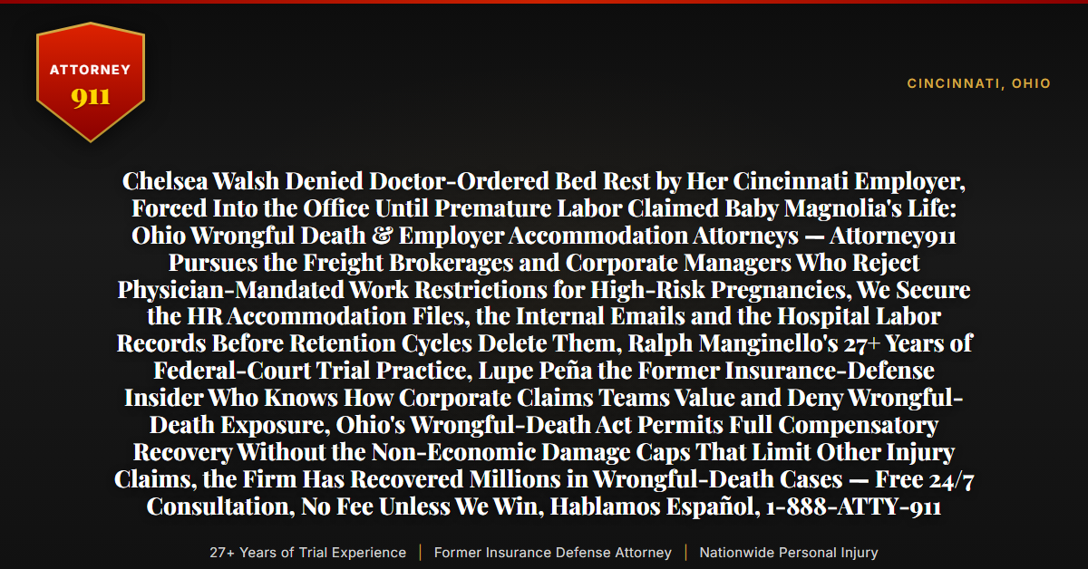 Chelsea Walsh Denied Doctor-Ordered Bed Rest by Her Cincinnati Employer, Forced Into the Office Until Premature Labor Claimed Baby Magnolia's Life: Ohio Wrongful Death & Employer Accommodation Attorneys — Attorney911 Pursues the Freight Brokerages and Corporate Managers Who Reject Physician-Mandated Work Restrictions for High-Risk Pregnancies, We Secure the HR Accommodation Files, the Internal Emails and the Hospital Labor Records Before Retention Cycles Delete Them, Ralph Manginello's 27+ Years of Federal-Court Trial Practice, Lupe Peña the Former Insurance-Defense Insider Who Knows How Corporate Claims Teams Value and Deny Wrongful-Death Exposure, Ohio's Wrongful-Death Act Permits Full Compensatory Recovery Without the Non-Economic Damage Caps That Limit Other Injury Claims, the Firm Has Recovered Millions in Wrongful-Death Cases — Free 24/7 Consultation, No Fee Unless We Win, Hablamos Español, 1-888-ATTY-911 - Attorney911
