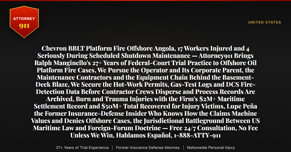 Chevron BBLT Platform Fire Offshore Angola, 17 Workers Injured and 4 Seriously During Scheduled Shutdown Maintenance — Attorney911 Brings Ralph Manginello's 27+ Years of Federal-Court Trial Practice to Offshore Oil Platform Fire Cases, We Pursue the Operator and Its Corporate Parent, the Maintenance Contractors and the Equipment Chain Behind the Basement-Deck Blaze, We Secure the Hot-Work Permits, Gas-Test Logs and DCS Fire-Detection Data Before Contractor Crews Disperse and Process Records Are Archived, Burn and Trauma Injuries with the Firm's $2M+ Maritime Settlement Record and $50M+ Total Recovered for Injury Victims, Lupe Peña the Former Insurance-Defense Insider Who Knows How the Claims Machine Values and Denies Offshore Cases, the Jurisdictional Battleground Between US Maritime Law and Foreign-Forum Doctrine — Free 24/7 Consultation, No Fee Unless We Win, Hablamos Español, 1-888-ATTY-911 - Attorney911