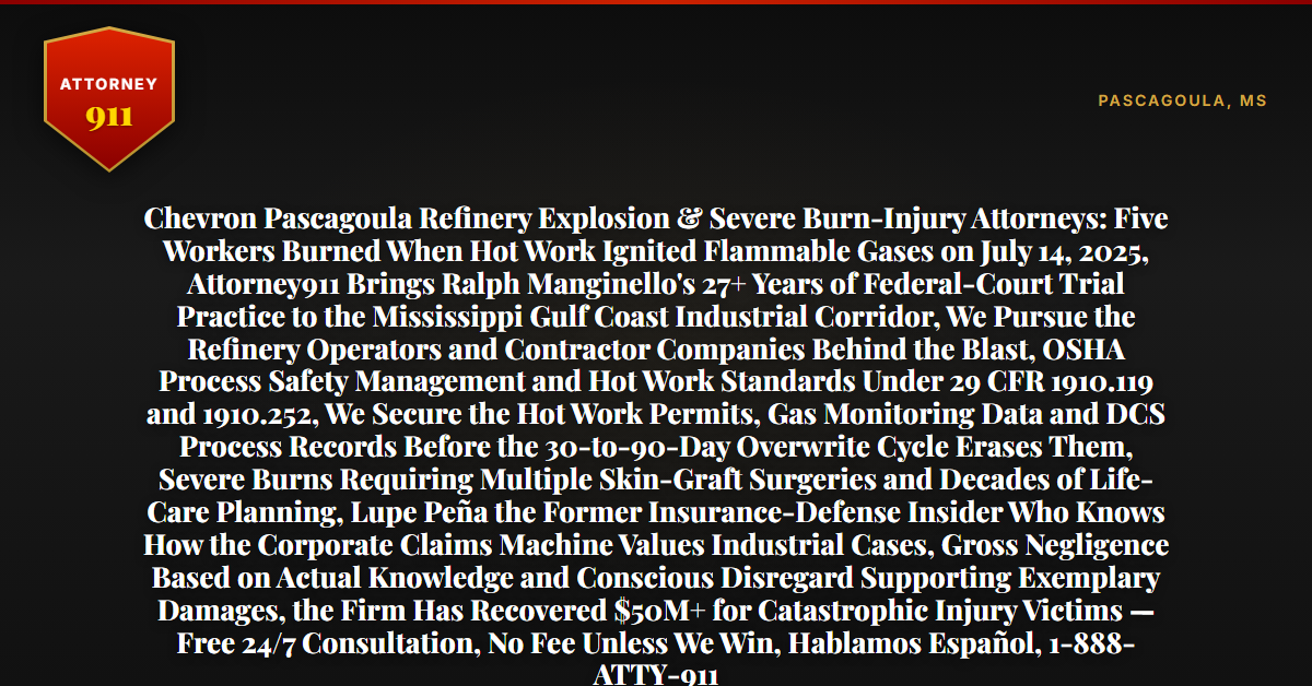 Chevron Pascagoula Refinery Explosion & Severe Burn-Injury Attorneys: Five Workers Burned When Hot Work Ignited Flammable Gases on July 14, 2025, Attorney911 Brings Ralph Manginello's 27+ Years of Federal-Court Trial Practice to the Mississippi Gulf Coast Industrial Corridor, We Pursue the Refinery Operators and Contractor Companies Behind the Blast, OSHA Process Safety Management and Hot Work Standards Under 29 CFR 1910.119 and 1910.252, We Secure the Hot Work Permits, Gas Monitoring Data and DCS Process Records Before the 30-to-90-Day Overwrite Cycle Erases Them, Severe Burns Requiring Multiple Skin-Graft Surgeries and Decades of Life-Care Planning, Lupe Peña the Former Insurance-Defense Insider Who Knows How the Corporate Claims Machine Values Industrial Cases, Gross Negligence Based on Actual Knowledge and Conscious Disregard Supporting Exemplary Damages, the Firm Has Recovered $50M+ for Catastrophic Injury Victims — Free 24/7 Consultation, No Fee Unless We Win, Hablamos Español, 1-888-ATTY-911 - Attorney911