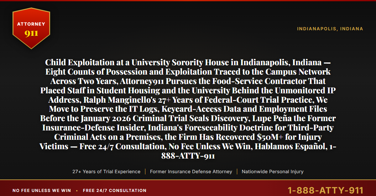 Child Exploitation at a University Sorority House in Indianapolis, Indiana — Eight Counts of Possession and Exploitation Traced to the Campus Network Across Two Years, Attorney911 Pursues the Food-Service Contractor That Placed Staff in Student Housing and the University Behind the Unmonitored IP Address, Ralph Manginello's 27+ Years of Federal-Court Trial Practice, We Move to Preserve the IT Logs, Keycard-Access Data and Employment Files Before the January 2026 Criminal Trial Seals Discovery, Lupe Peña the Former Insurance-Defense Insider, Indiana's Foreseeability Doctrine for Third-Party Criminal Acts on a Premises, the Firm Has Recovered $50M+ for Injury Victims — Free 24/7 Consultation, No Fee Unless We Win, Hablamos Español, 1-888-ATTY-911 - Attorney911