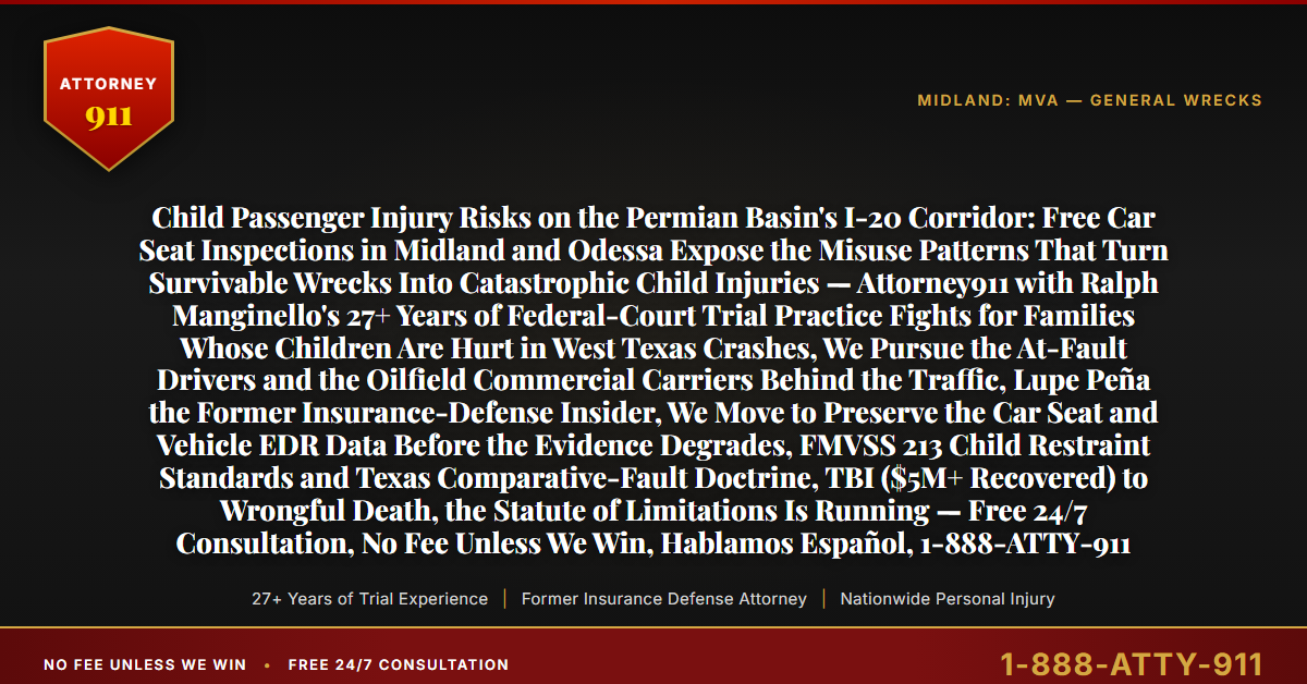 Child Passenger Injury Risks on the Permian Basin's I-20 Corridor: Free Car Seat Inspections in Midland and Odessa Expose the Misuse Patterns That Turn Survivable Wrecks Into Catastrophic Child Injuries — Attorney911 with Ralph Manginello's 27+ Years of Federal-Court Trial Practice Fights for Families Whose Children Are Hurt in West Texas Crashes, We Pursue the At-Fault Drivers and the Oilfield Commercial Carriers Behind the Traffic, Lupe Peña the Former Insurance-Defense Insider, We Move to Preserve the Car Seat and Vehicle EDR Data Before the Evidence Degrades, FMVSS 213 Child Restraint Standards and Texas Comparative-Fault Doctrine, TBI ($5M+ Recovered) to Wrongful Death, the Statute of Limitations Is Running — Free 24/7 Consultation, No Fee Unless We Win, Hablamos Español, 1-888-ATTY-911 - Attorney911