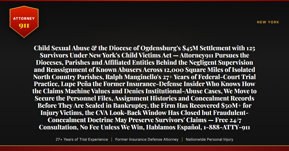 Child Sexual Abuse & the Diocese of Ogdensburg's $45M Settlement with 125 Survivors Under New York's Child Victims Act — Attorney911 Pursues the Dioceses, Parishes and Affiliated Entities Behind the Negligent Supervision and Reassignment of Known Abusers Across 12,000 Square Miles of Isolated North Country Parishes, Ralph Manginello's 27+ Years of Federal-Court Trial Practice, Lupe Peña the Former Insurance-Defense Insider Who Knows How the Claims Machine Values and Denies Institutional-Abuse Cases, We Move to Secure the Personnel Files, Assignment Histories and Concealment Records Before They Are Sealed in Bankruptcy, the Firm Has Recovered $50M+ for Injury Victims, the CVA Look-Back Window Has Closed but Fraudulent-Concealment Doctrine May Preserve Survivors' Claims — Free 24/7 Consultation, No Fee Unless We Win, Hablamos Español, 1-888-ATTY-911 - Attorney911