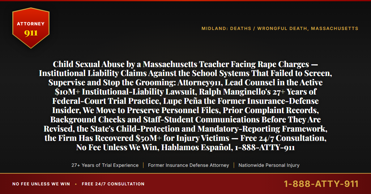 Child Sexual Abuse by a Massachusetts Teacher Facing Rape Charges — Institutional Liability Claims Against the School Systems That Failed to Screen, Supervise and Stop the Grooming: Attorney911, Lead Counsel in the Active $10M+ Institutional-Liability Lawsuit, Ralph Manginello's 27+ Years of Federal-Court Trial Practice, Lupe Peña the Former Insurance-Defense Insider, We Move to Preserve Personnel Files, Prior Complaint Records, Background Checks and Staff-Student Communications Before They Are Revised, the State's Child-Protection and Mandatory-Reporting Framework, the Firm Has Recovered $50M+ for Injury Victims — Free 24/7 Consultation, No Fee Unless We Win, Hablamos Español, 1-888-ATTY-911 - Attorney911