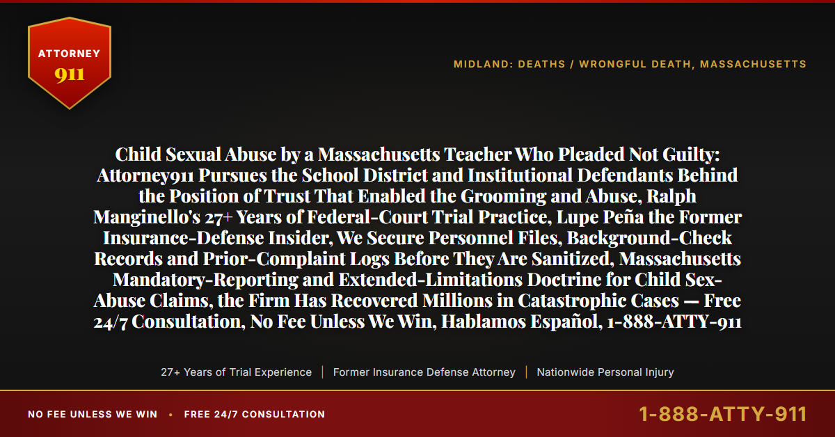 Child Sexual Abuse by a Massachusetts Teacher Who Pleaded Not Guilty: Attorney911 Pursues the School District and Institutional Defendants Behind the Position of Trust That Enabled the Grooming and Abuse, Ralph Manginello's 27+ Years of Federal-Court Trial Practice, Lupe Peña the Former Insurance-Defense Insider, We Secure Personnel Files, Background-Check Records and Prior-Complaint Logs Before They Are Sanitized, Massachusetts Mandatory-Reporting and Extended-Limitations Doctrine for Child Sex-Abuse Claims, the Firm Has Recovered Millions in Catastrophic Cases — Free 24/7 Consultation, No Fee Unless We Win, Hablamos Español, 1-888-ATTY-911 - Attorney911