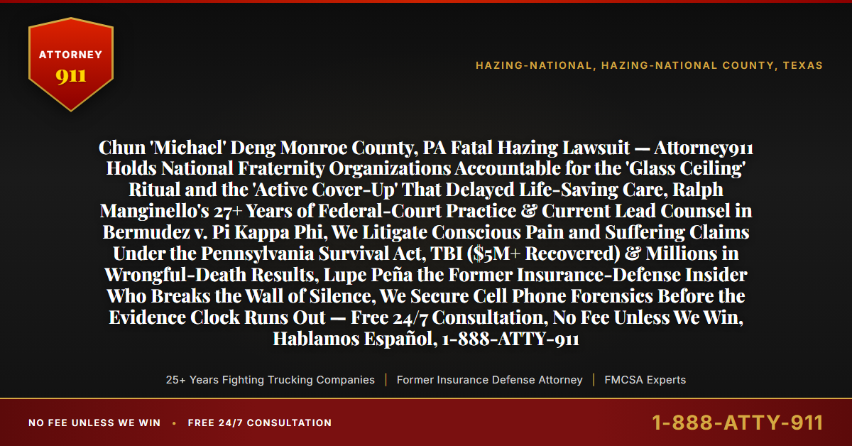 Chun 'Michael' Deng Monroe County, PA Fatal Hazing Lawsuit — Attorney911 Holds National Fraternity Organizations Accountable for the 'Glass Ceiling' Ritual and the 'Active Cover-Up' That Delayed Life-Saving Care, Ralph Manginello's 27+ Years of Federal-Court Practice & Current Lead Counsel in Bermudez v. Pi Kappa Phi, We Litigate Conscious Pain and Suffering Claims Under the Pennsylvania Survival Act, TBI ($5M+ Recovered) & Millions in Wrongful-Death Results, Lupe Peña the Former Insurance-Defense Insider Who Breaks the Wall of Silence, We Secure Cell Phone Forensics Before the Evidence Clock Runs Out — Free 24/7 Consultation, No Fee Unless We Win, Hablamos Español, 1-888-ATTY-911 - Attorney911