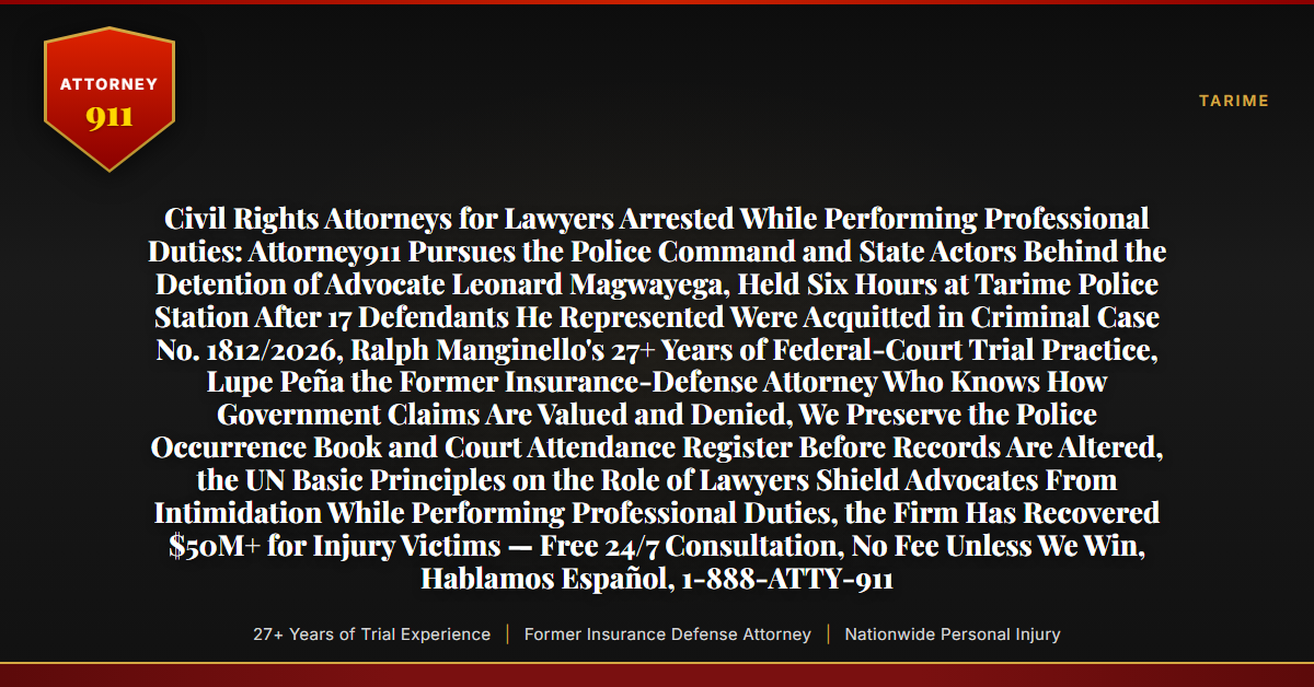 Civil Rights Attorneys for Lawyers Arrested While Performing Professional Duties: Attorney911 Pursues the Police Command and State Actors Behind the Detention of Advocate Leonard Magwayega, Held Six Hours at Tarime Police Station After 17 Defendants He Represented Were Acquitted in Criminal Case No. 1812/2026, Ralph Manginello's 27+ Years of Federal-Court Trial Practice, Lupe Peña the Former Insurance-Defense Attorney Who Knows How Government Claims Are Valued and Denied, We Preserve the Police Occurrence Book and Court Attendance Register Before Records Are Altered, the UN Basic Principles on the Role of Lawyers Shield Advocates From Intimidation While Performing Professional Duties, the Firm Has Recovered $50M+ for Injury Victims — Free 24/7 Consultation, No Fee Unless We Win, Hablamos Español, 1-888-ATTY-911 - Attorney911