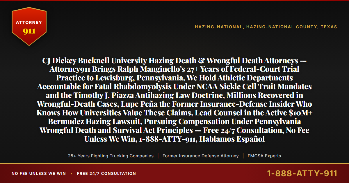 CJ Dickey Bucknell University Hazing Death & Wrongful Death Attorneys — Attorney911 Brings Ralph Manginello’s 27+ Years of Federal-Court Trial Practice to Lewisburg, Pennsylvania, We Hold Athletic Departments Accountable for Fatal Rhabdomyolysis Under NCAA Sickle Cell Trait Mandates and the Timothy J. Piazza Antihazing Law Doctrine, Millions Recovered in Wrongful-Death Cases, Lupe Peña the Former Insurance-Defense Insider Who Knows How Universities Value These Claims, Lead Counsel in the Active $10M+ Bermudez Hazing Lawsuit, Pursuing Compensation Under Pennsylvania Wrongful Death and Survival Act Principles — Free 24/7 Consultation, No Fee Unless We Win, 1-888-ATTY-911, Hablamos Español - Attorney911