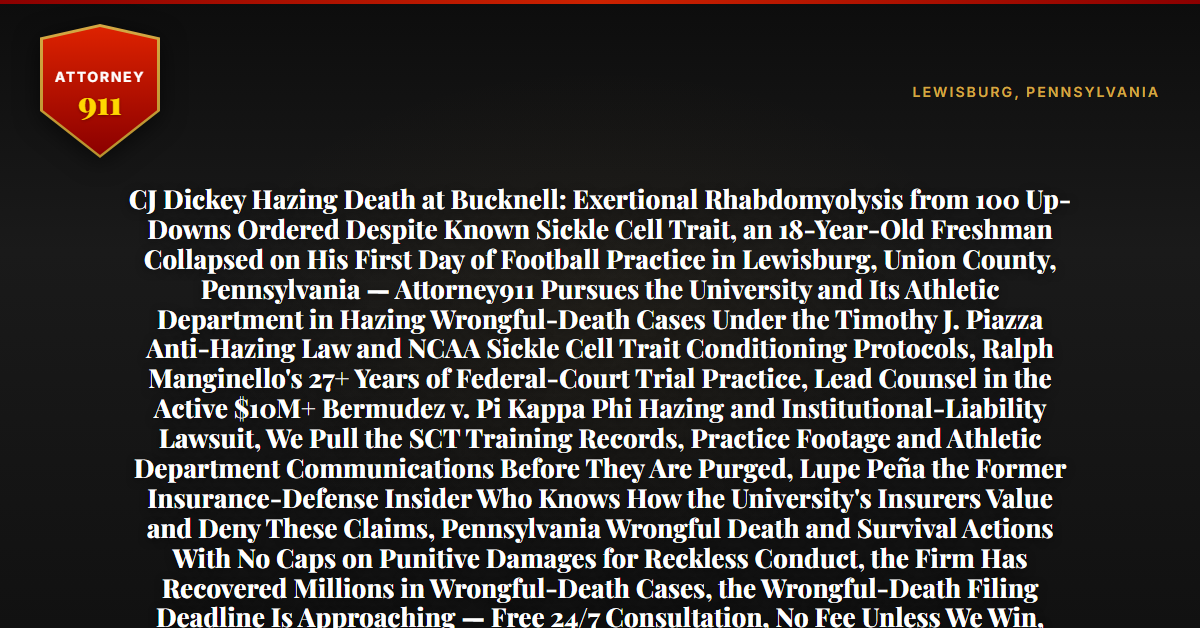CJ Dickey Hazing Death at Bucknell: Exertional Rhabdomyolysis from 100 Up-Downs Ordered Despite Known Sickle Cell Trait, an 18-Year-Old Freshman Collapsed on His First Day of Football Practice in Lewisburg, Union County, Pennsylvania — Attorney911 Pursues the University and Its Athletic Department in Hazing Wrongful-Death Cases Under the Timothy J. Piazza Anti-Hazing Law and NCAA Sickle Cell Trait Conditioning Protocols, Ralph Manginello's 27+ Years of Federal-Court Trial Practice, Lead Counsel in the Active $10M+ Bermudez v. Pi Kappa Phi Hazing and Institutional-Liability Lawsuit, We Pull the SCT Training Records, Practice Footage and Athletic Department Communications Before They Are Purged, Lupe Peña the Former Insurance-Defense Insider Who Knows How the University's Insurers Value and Deny These Claims, Pennsylvania Wrongful Death and Survival Actions With No Caps on Punitive Damages for Reckless Conduct, the Firm Has Recovered Millions in Wrongful-Death Cases, the Wrongful-Death Filing Deadline Is Approaching — Free 24/7 Consultation, No Fee Unless We Win, Hablamos Español, 1-888-ATTY-911 - Attorney911