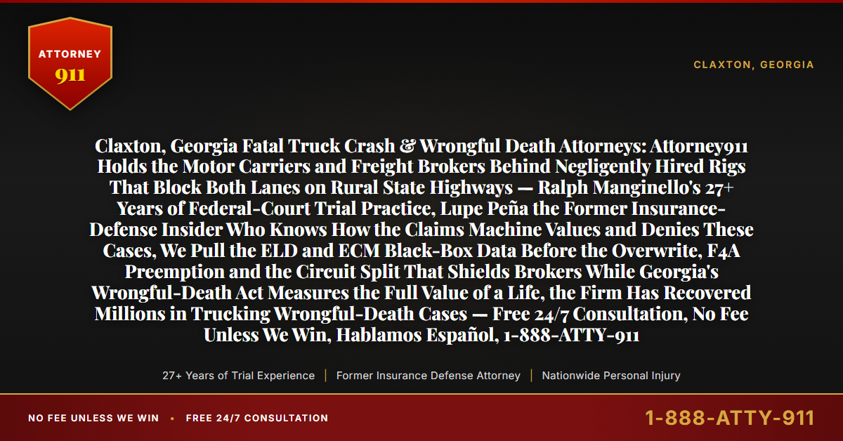 Claxton, Georgia Fatal Truck Crash & Wrongful Death Attorneys: Attorney911 Holds the Motor Carriers and Freight Brokers Behind Negligently Hired Rigs That Block Both Lanes on Rural State Highways — Ralph Manginello's 27+ Years of Federal-Court Trial Practice, Lupe Peña the Former Insurance-Defense Insider Who Knows How the Claims Machine Values and Denies These Cases, We Pull the ELD and ECM Black-Box Data Before the Overwrite, F4A Preemption and the Circuit Split That Shields Brokers While Georgia's Wrongful-Death Act Measures the Full Value of a Life, the Firm Has Recovered Millions in Trucking Wrongful-Death Cases — Free 24/7 Consultation, No Fee Unless We Win, Hablamos Español, 1-888-ATTY-911 - Attorney911