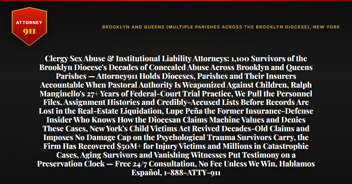 Clergy Sex Abuse & Institutional Liability Attorneys: 1,100 Survivors of the Brooklyn Diocese's Decades of Concealed Abuse Across Brooklyn and Queens Parishes — Attorney911 Holds Dioceses, Parishes and Their Insurers Accountable When Pastoral Authority Is Weaponized Against Children, Ralph Manginello's 27+ Years of Federal-Court Trial Practice, We Pull the Personnel Files, Assignment Histories and Credibly-Accused Lists Before Records Are Lost in the Real-Estate Liquidation, Lupe Peña the Former Insurance-Defense Insider Who Knows How the Diocesan Claims Machine Values and Denies These Cases, New York's Child Victims Act Revived Decades-Old Claims and Imposes No Damage Cap on the Psychological Trauma Survivors Carry, the Firm Has Recovered $50M+ for Injury Victims and Millions in Catastrophic Cases, Aging Survivors and Vanishing Witnesses Put Testimony on a Preservation Clock — Free 24/7 Consultation, No Fee Unless We Win, Hablamos Español, 1-888-ATTY-911 - Attorney911