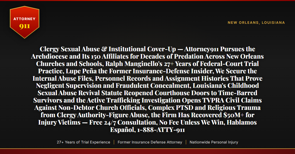Clergy Sexual Abuse & Institutional Cover-Up — Attorney911 Pursues the Archdiocese and Its 150 Affiliates for Decades of Predation Across New Orleans Churches and Schools, Ralph Manginello's 27+ Years of Federal-Court Trial Practice, Lupe Peña the Former Insurance-Defense Insider, We Secure the Internal Abuse Files, Personnel Records and Assignment Histories That Prove Negligent Supervision and Fraudulent Concealment, Louisiana's Childhood Sexual Abuse Revival Statute Reopened Courthouse Doors to Time-Barred Survivors and the Active Trafficking Investigation Opens TVPRA Civil Claims Against Non-Debtor Church Officials, Complex PTSD and Religious Trauma from Clergy Authority-Figure Abuse, the Firm Has Recovered $50M+ for Injury Victims — Free 24/7 Consultation, No Fee Unless We Win, Hablamos Español, 1-888-ATTY-911 - Attorney911