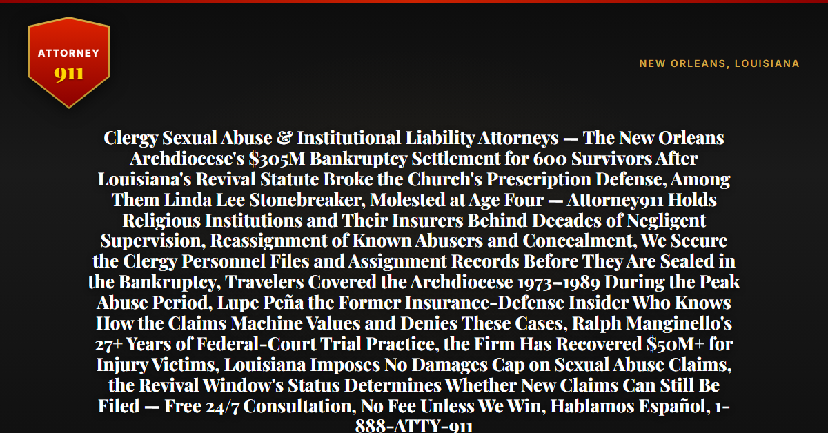 Clergy Sexual Abuse & Institutional Liability Attorneys — The New Orleans Archdiocese's $305M Bankruptcy Settlement for 600 Survivors After Louisiana's Revival Statute Broke the Church's Prescription Defense, Among Them Linda Lee Stonebreaker, Molested at Age Four — Attorney911 Holds Religious Institutions and Their Insurers Behind Decades of Negligent Supervision, Reassignment of Known Abusers and Concealment, We Secure the Clergy Personnel Files and Assignment Records Before They Are Sealed in the Bankruptcy, Travelers Covered the Archdiocese 1973–1989 During the Peak Abuse Period, Lupe Peña the Former Insurance-Defense Insider Who Knows How the Claims Machine Values and Denies These Cases, Ralph Manginello's 27+ Years of Federal-Court Trial Practice, the Firm Has Recovered $50M+ for Injury Victims, Louisiana Imposes No Damages Cap on Sexual Abuse Claims, the Revival Window's Status Determines Whether New Claims Can Still Be Filed — Free 24/7 Consultation, No Fee Unless We Win, Hablamos Español, 1-888-ATTY-911 - Attorney911