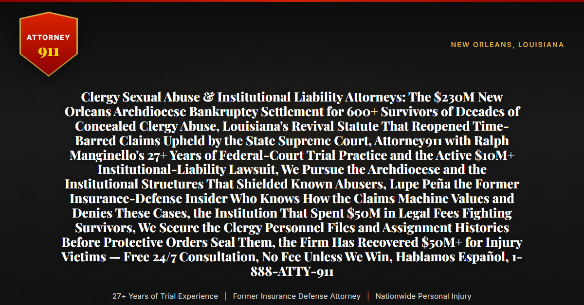 Clergy Sexual Abuse & Institutional Liability Attorneys: The $230M New Orleans Archdiocese Bankruptcy Settlement for 600+ Survivors of Decades of Concealed Clergy Abuse, Louisiana's Revival Statute That Reopened Time-Barred Claims Upheld by the State Supreme Court, Attorney911 with Ralph Manginello's 27+ Years of Federal-Court Trial Practice and the Active $10M+ Institutional-Liability Lawsuit, We Pursue the Archdiocese and the Institutional Structures That Shielded Known Abusers, Lupe Peña the Former Insurance-Defense Insider Who Knows How the Claims Machine Values and Denies These Cases, the Institution That Spent $50M in Legal Fees Fighting Survivors, We Secure the Clergy Personnel Files and Assignment Histories Before Protective Orders Seal Them, the Firm Has Recovered $50M+ for Injury Victims — Free 24/7 Consultation, No Fee Unless We Win, Hablamos Español, 1-888-ATTY-911 - Attorney911
