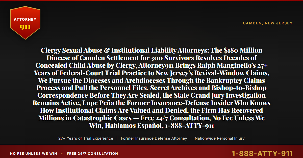 Clergy Sexual Abuse & Institutional Liability Attorneys: The $180 Million Diocese of Camden Settlement for 300 Survivors Resolves Decades of Concealed Child Abuse by Clergy, Attorney911 Brings Ralph Manginello's 27+ Years of Federal-Court Trial Practice to New Jersey's Revival-Window Claims, We Pursue the Dioceses and Archdioceses Through the Bankruptcy Claims Process and Pull the Personnel Files, Secret Archives and Bishop-to-Bishop Correspondence Before They Are Sealed, the State Grand Jury Investigation Remains Active, Lupe Peña the Former Insurance-Defense Insider Who Knows How Institutional Claims Are Valued and Denied, the Firm Has Recovered Millions in Catastrophic Cases — Free 24/7 Consultation, No Fee Unless We Win, Hablamos Español, 1-888-ATTY-911 - Attorney911