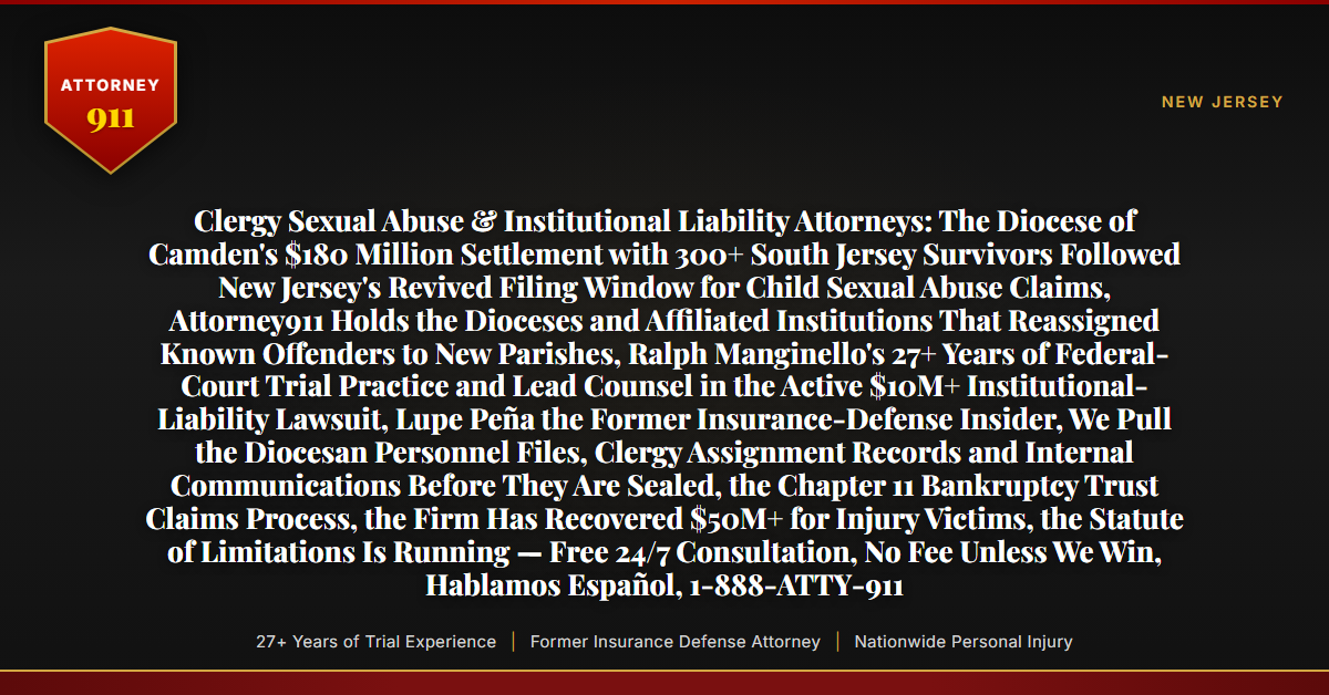 Clergy Sexual Abuse & Institutional Liability Attorneys: The Diocese of Camden's $180 Million Settlement with 300+ South Jersey Survivors Followed New Jersey's Revived Filing Window for Child Sexual Abuse Claims, Attorney911 Holds the Dioceses and Affiliated Institutions That Reassigned Known Offenders to New Parishes, Ralph Manginello's 27+ Years of Federal-Court Trial Practice and Lead Counsel in the Active $10M+ Institutional-Liability Lawsuit, Lupe Peña the Former Insurance-Defense Insider, We Pull the Diocesan Personnel Files, Clergy Assignment Records and Internal Communications Before They Are Sealed, the Chapter 11 Bankruptcy Trust Claims Process, the Firm Has Recovered $50M+ for Injury Victims, the Statute of Limitations Is Running — Free 24/7 Consultation, No Fee Unless We Win, Hablamos Español, 1-888-ATTY-911 - Attorney911