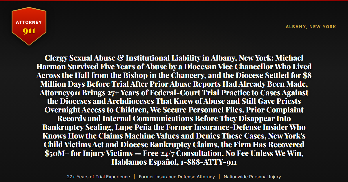 Clergy Sexual Abuse & Institutional Liability in Albany, New York: Michael Harmon Survived Five Years of Abuse by a Diocesan Vice Chancellor Who Lived Across the Hall from the Bishop in the Chancery, and the Diocese Settled for $8 Million Days Before Trial After Prior Abuse Reports Had Already Been Made, Attorney911 Brings 27+ Years of Federal-Court Trial Practice to Cases Against the Dioceses and Archdioceses That Knew of Abuse and Still Gave Priests Overnight Access to Children, We Secure Personnel Files, Prior Complaint Records and Internal Communications Before They Disappear Into Bankruptcy Sealing, Lupe Peña the Former Insurance-Defense Insider Who Knows How the Claims Machine Values and Denies These Cases, New York's Child Victims Act and Diocese Bankruptcy Claims, the Firm Has Recovered $50M+ for Injury Victims — Free 24/7 Consultation, No Fee Unless We Win, Hablamos Español, 1-888-ATTY-911 - Attorney911