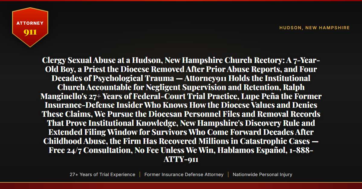 Clergy Sexual Abuse at a Hudson, New Hampshire Church Rectory: A 7-Year-Old Boy, a Priest the Diocese Removed After Prior Abuse Reports, and Four Decades of Psychological Trauma — Attorney911 Holds the Institutional Church Accountable for Negligent Supervision and Retention, Ralph Manginello's 27+ Years of Federal-Court Trial Practice, Lupe Peña the Former Insurance-Defense Insider Who Knows How the Diocese Values and Denies These Claims, We Pursue the Diocesan Personnel Files and Removal Records That Prove Institutional Knowledge, New Hampshire's Discovery Rule and Extended Filing Window for Survivors Who Come Forward Decades After Childhood Abuse, the Firm Has Recovered Millions in Catastrophic Cases — Free 24/7 Consultation, No Fee Unless We Win, Hablamos Español, 1-888-ATTY-911 - Attorney911