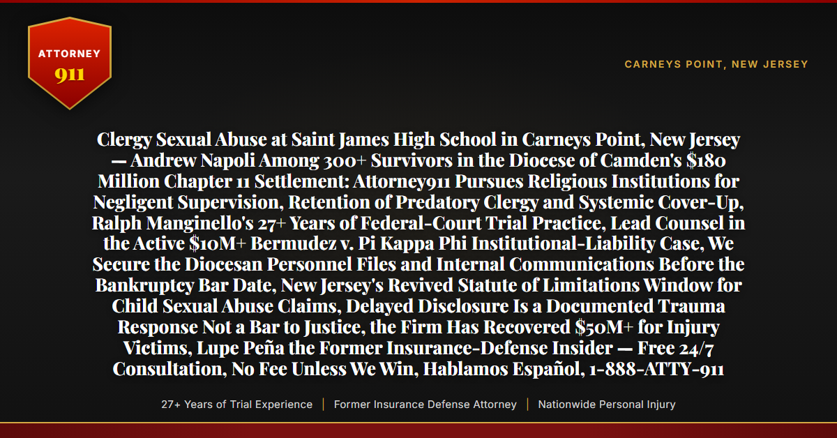 Clergy Sexual Abuse at Saint James High School in Carneys Point, New Jersey — Andrew Napoli Among 300+ Survivors in the Diocese of Camden's $180 Million Chapter 11 Settlement: Attorney911 Pursues Religious Institutions for Negligent Supervision, Retention of Predatory Clergy and Systemic Cover-Up, Ralph Manginello's 27+ Years of Federal-Court Trial Practice, Lead Counsel in the Active $10M+ Bermudez v. Pi Kappa Phi Institutional-Liability Case, We Secure the Diocesan Personnel Files and Internal Communications Before the Bankruptcy Bar Date, New Jersey's Revived Statute of Limitations Window for Child Sexual Abuse Claims, Delayed Disclosure Is a Documented Trauma Response Not a Bar to Justice, the Firm Has Recovered $50M+ for Injury Victims, Lupe Peña the Former Insurance-Defense Insider — Free 24/7 Consultation, No Fee Unless We Win, Hablamos Español, 1-888-ATTY-911 - Attorney911