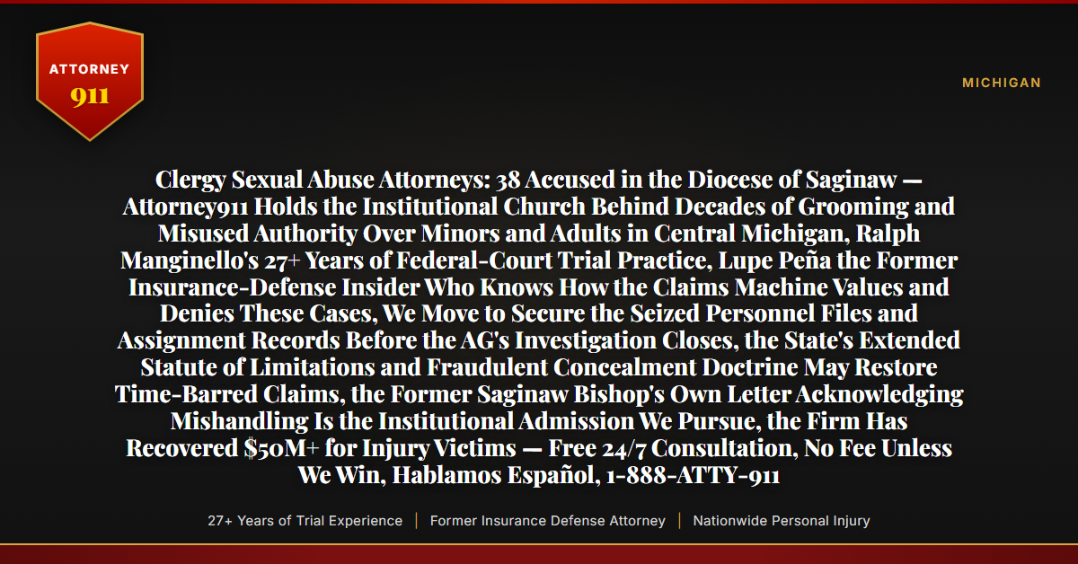 Clergy Sexual Abuse Attorneys: 38 Accused in the Diocese of Saginaw — Attorney911 Holds the Institutional Church Behind Decades of Grooming and Misused Authority Over Minors and Adults in Central Michigan, Ralph Manginello's 27+ Years of Federal-Court Trial Practice, Lupe Peña the Former Insurance-Defense Insider Who Knows How the Claims Machine Values and Denies These Cases, We Move to Secure the Seized Personnel Files and Assignment Records Before the AG's Investigation Closes, the State's Extended Statute of Limitations and Fraudulent Concealment Doctrine May Restore Time-Barred Claims, the Former Saginaw Bishop's Own Letter Acknowledging Mishandling Is the Institutional Admission We Pursue, the Firm Has Recovered $50M+ for Injury Victims — Free 24/7 Consultation, No Fee Unless We Win, Hablamos Español, 1-888-ATTY-911 - Attorney911
