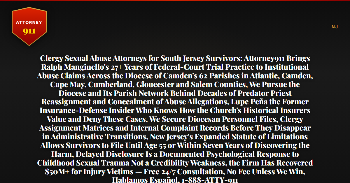Clergy Sexual Abuse Attorneys for South Jersey Survivors: Attorney911 Brings Ralph Manginello's 27+ Years of Federal-Court Trial Practice to Institutional Abuse Claims Across the Diocese of Camden's 62 Parishes in Atlantic, Camden, Cape May, Cumberland, Gloucester and Salem Counties, We Pursue the Diocese and Its Parish Network Behind Decades of Predator Priest Reassignment and Concealment of Abuse Allegations, Lupe Peña the Former Insurance-Defense Insider Who Knows How the Church's Historical Insurers Value and Deny These Cases, We Secure Diocesan Personnel Files, Clergy Assignment Matrices and Internal Complaint Records Before They Disappear in Administrative Transitions, New Jersey's Expanded Statute of Limitations Allows Survivors to File Until Age 55 or Within Seven Years of Discovering the Harm, Delayed Disclosure Is a Documented Psychological Response to Childhood Sexual Trauma Not a Credibility Weakness, the Firm Has Recovered $50M+ for Injury Victims — Free 24/7 Consultation, No Fee Unless We Win, Hablamos Español, 1-888-ATTY-911 - Attorney911