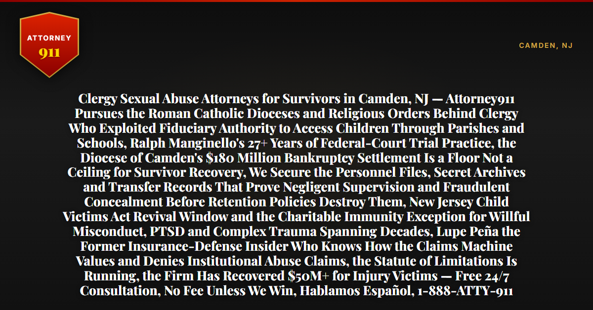 Clergy Sexual Abuse Attorneys for Survivors in Camden, NJ — Attorney911 Pursues the Roman Catholic Dioceses and Religious Orders Behind Clergy Who Exploited Fiduciary Authority to Access Children Through Parishes and Schools, Ralph Manginello's 27+ Years of Federal-Court Trial Practice, the Diocese of Camden's $180 Million Bankruptcy Settlement Is a Floor Not a Ceiling for Survivor Recovery, We Secure the Personnel Files, Secret Archives and Transfer Records That Prove Negligent Supervision and Fraudulent Concealment Before Retention Policies Destroy Them, New Jersey Child Victims Act Revival Window and the Charitable Immunity Exception for Willful Misconduct, PTSD and Complex Trauma Spanning Decades, Lupe Peña the Former Insurance-Defense Insider Who Knows How the Claims Machine Values and Denies Institutional Abuse Claims, the Statute of Limitations Is Running, the Firm Has Recovered $50M+ for Injury Victims — Free 24/7 Consultation, No Fee Unless We Win, Hablamos Español, 1-888-ATTY-911 - Attorney911