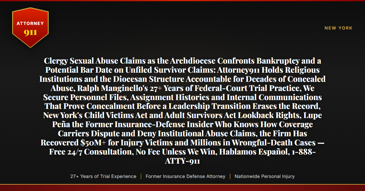 Clergy Sexual Abuse Claims as the Archdiocese Confronts Bankruptcy and a Potential Bar Date on Unfiled Survivor Claims: Attorney911 Holds Religious Institutions and the Diocesan Structure Accountable for Decades of Concealed Abuse, Ralph Manginello's 27+ Years of Federal-Court Trial Practice, We Secure Personnel Files, Assignment Histories and Internal Communications That Prove Concealment Before a Leadership Transition Erases the Record, New York's Child Victims Act and Adult Survivors Act Lookback Rights, Lupe Peña the Former Insurance-Defense Insider Who Knows How Coverage Carriers Dispute and Deny Institutional Abuse Claims, the Firm Has Recovered $50M+ for Injury Victims and Millions in Wrongful-Death Cases — Free 24/7 Consultation, No Fee Unless We Win, Hablamos Español, 1-888-ATTY-911 - Attorney911