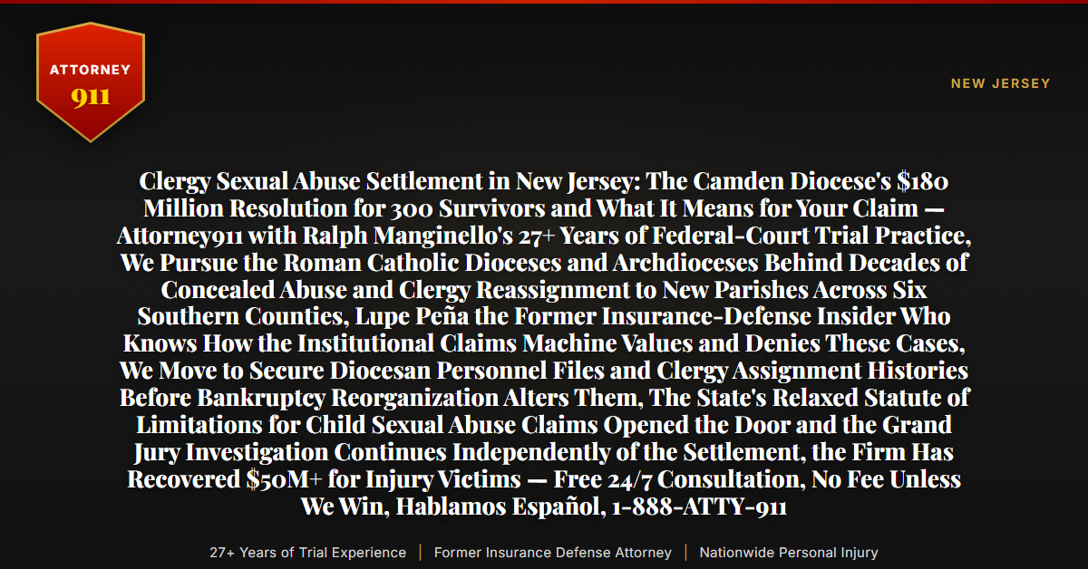 Clergy Sexual Abuse Settlement in New Jersey: The Camden Diocese's $180 Million Resolution for 300 Survivors and What It Means for Your Claim — Attorney911 with Ralph Manginello's 27+ Years of Federal-Court Trial Practice, We Pursue the Roman Catholic Dioceses and Archdioceses Behind Decades of Concealed Abuse and Clergy Reassignment to New Parishes Across Six Southern Counties, Lupe Peña the Former Insurance-Defense Insider Who Knows How the Institutional Claims Machine Values and Denies These Cases, We Move to Secure Diocesan Personnel Files and Clergy Assignment Histories Before Bankruptcy Reorganization Alters Them, The State's Relaxed Statute of Limitations for Child Sexual Abuse Claims Opened the Door and the Grand Jury Investigation Continues Independently of the Settlement, the Firm Has Recovered $50M+ for Injury Victims — Free 24/7 Consultation, No Fee Unless We Win, Hablamos Español, 1-888-ATTY-911 - Attorney911